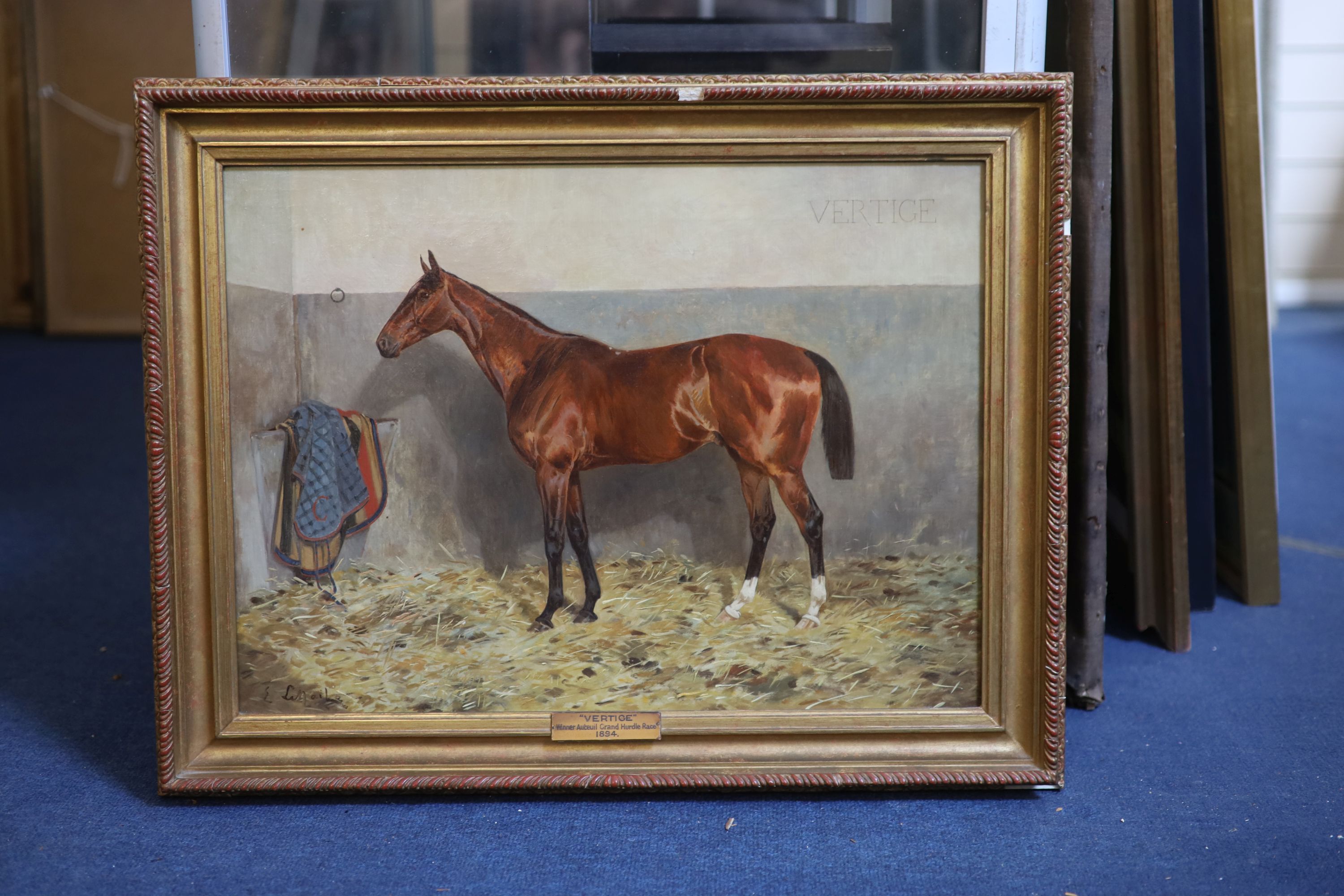 Marie Joseph Le Nail (French, 1842-1927), Portrait of the racehorse ‘Vertige’, winner Aubeuil Grand Hurdle Race, 1894, Oil on canvas, 39 x 53cm.